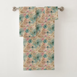 Libellule Fleurs Aquarelle Rose Turquoise Beige