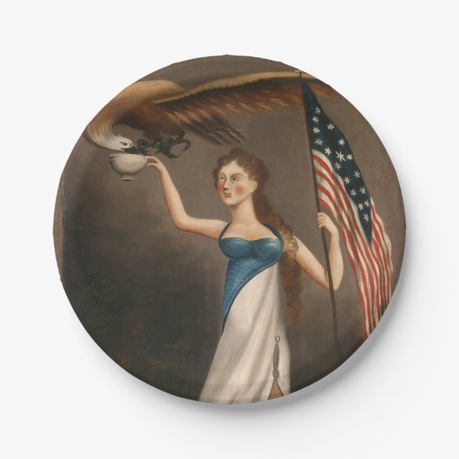 Liberty Frau Eagle American Flag USA Ölgemälde Pappteller (Vorderseite)