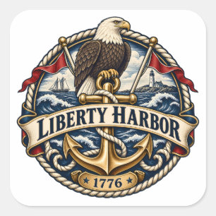 Liberty Harbor Eagle & Anchor Nautisches Wappen Quadratischer Aufkleber
