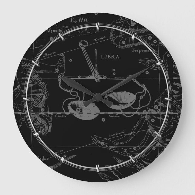 Libra Constellation Hevelius 1690 Karte auf Schwar Große Wanduhr (Vorderseite)