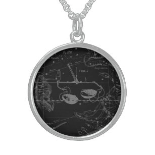 Libra Constellation Hevelius 1690 Karte auf Schwar Sterling Silberkette