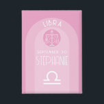 Libra Custom Birthdate - Zodiac - Modernes Design Button<br><div class="desc">Personalisieren Sie diese Schaltfläche mit einem Geburtstag und Namen. Ein maßgeschneidertes Design mit dem Tierkreiszeichen - Libra - plus Persönlichkeitsmerkmale, Information und Konstellation. Personalisieren Sie diese Geburtstagskandle mit einem Geburtstag und Namen. Eine friedliche, beruhigende Rosa- und Blautönung, die mit Libra assoziiert wird, ist das Hauptdesign hinter allen Zodiaka-Details. Ein tolles...</div>