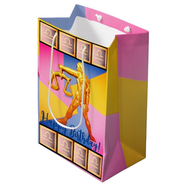 Libra - Happy Birthday Medium Gift Bag Mittlere Geschenktüte (Vorderseite Schrägansicht)
