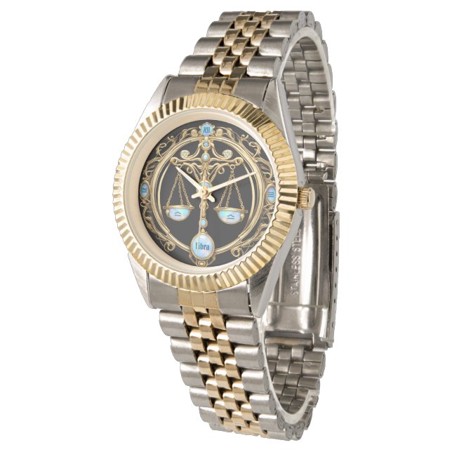 Libra-Skalen, Opal- und Gold-Personalisierte Zodia Armbanduhr (Schrägansicht)