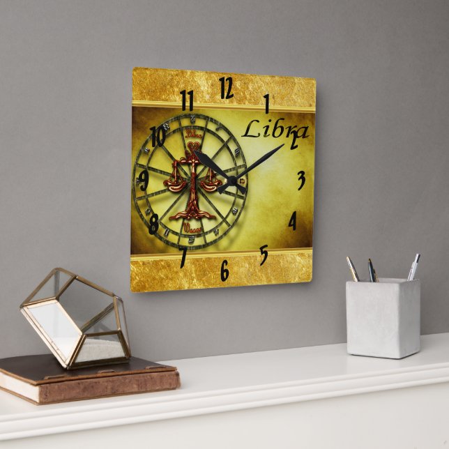 Libra Zodiac Astrology gold foil texture design Quadratische Wanduhr (Büro)
