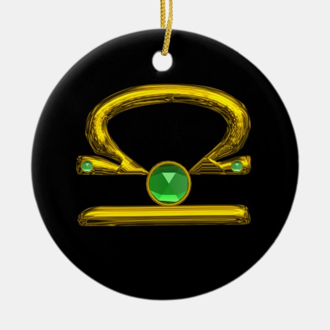 LIBRA ZODIAC BIRTHDAY JEWEL GREEN EMERALD Gold Keramik Ornament (Vorne)
