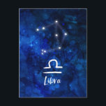 Libra Zodiac Constellation Blue Galaxy Celestial Postkarte<br><div class="desc">Libra Zodiac Constellation Blue Galaxy Celestial Design mit trendigem, gebürstetem Script-Schriftart, dunkelblau himmlischer Aquarellhintergrund, Sternkonstellation und Scales-Symbol. Modernes Astrologisches Geburtszeichen Horoskop, ist perfekt für jeden Libran Geburtstag vom 23. September - 22. Oktober ! Ein tolles Geschenk für Junge und Mädchen, Familienmitglieder, Teens, Ehefrau, Ehemann, Freunde und Astrologie Lover. Cosmic Space...</div>