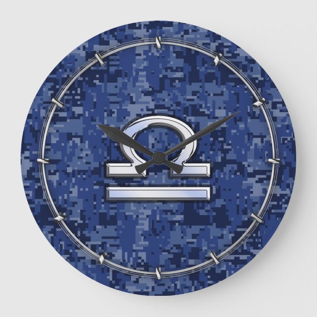 Libra Zodiac Sign auf Blue Digital Camouflage Große Wanduhr (Vorderseite)