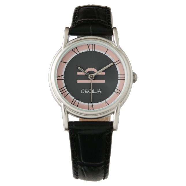 Libra Zodiac Signa Rose Rosa Schwarzer Individuell Armbanduhr (Vorderseite)