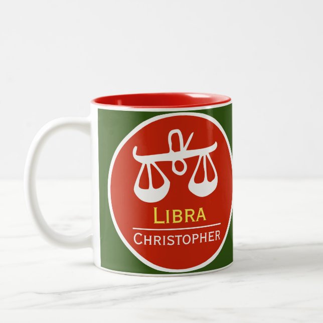 Libra Zodiac Star Sign mit dem Namen des Eigentüme Zweifarbige Tasse (Links)