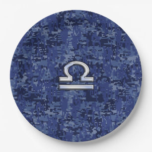 Libra Zodiac-Symbol auf Blue Digital-Camouflage Pappteller