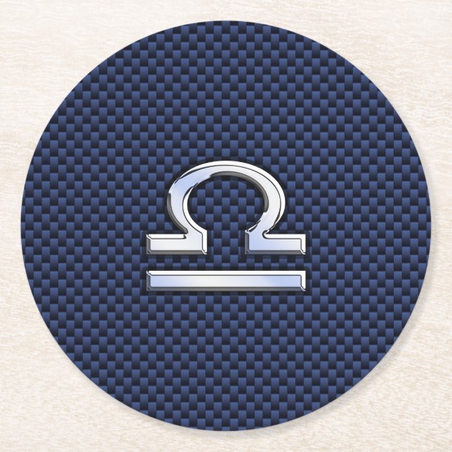 Libra Zodiac Symbol auf Navy Blue Carbon Fibre Runder Pappuntersetzer (Vorderseite)
