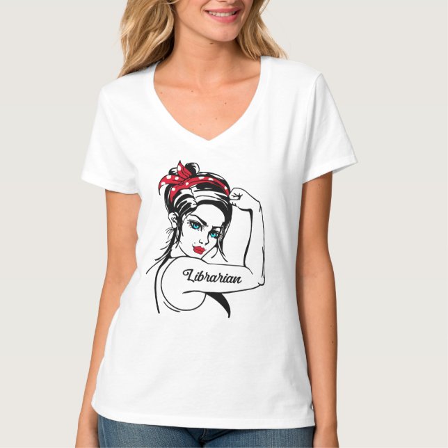 Librarian Rosie The Riveter Button Up T-Shirt (Vorderseite)