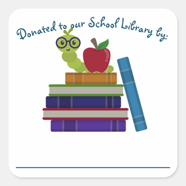Library Doning Buchzeichen Label - Bookworm Design Quadratischer Aufkleber (Vorderseite)