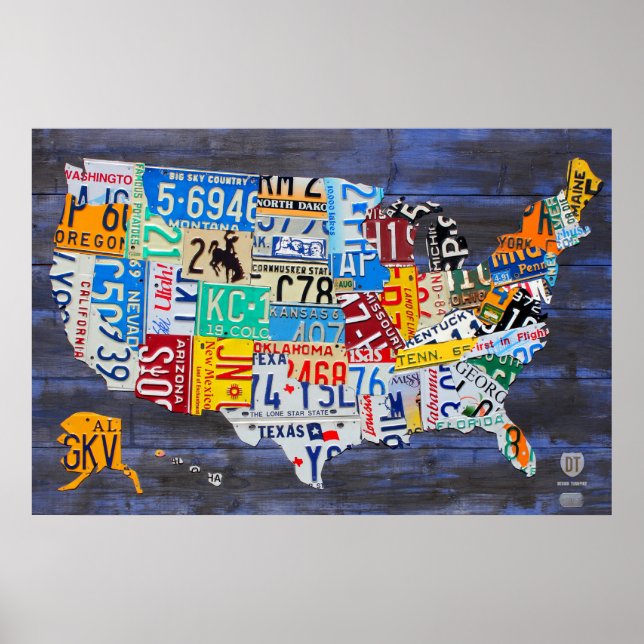 License Plate Karte der Vereinigten Staaten Blue E Poster (Vorne)