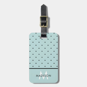 Licht-Aqua mit schwarzen Polka-Punkten und Monogra Gepäckanhänger