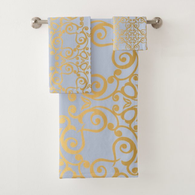 LICHT BLAUE GOLD HAMPTONS STYLE BADEZIMMER TOWEL S BADHANDTUCH SET (Insitu)
