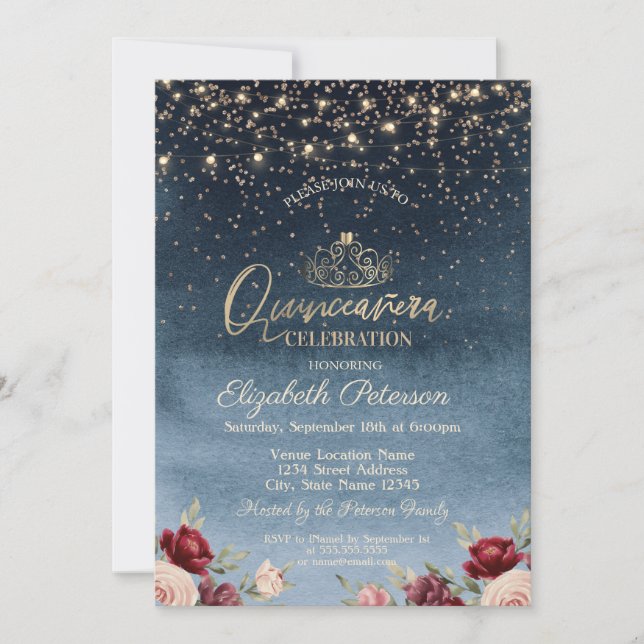 Licht, Burgund Blume Navy Blue Quinceañera Einladung (Vorderseite)