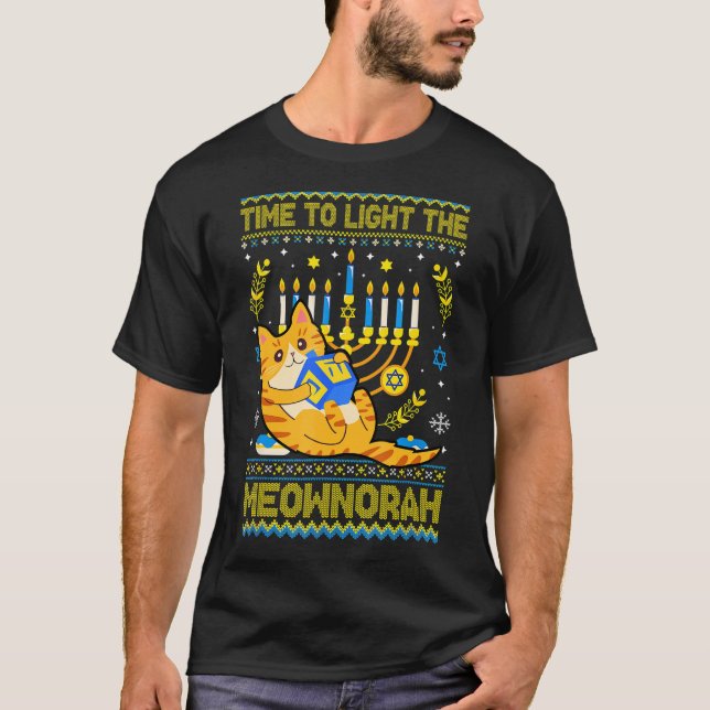 Licht der jüdischen Mewnorah Katze Menorah Ugly Ch T-Shirt (Vorderseite)