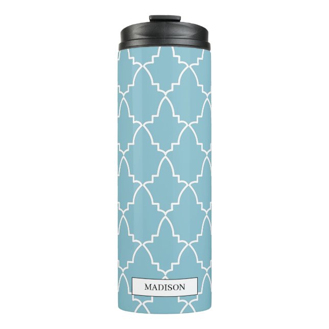 Lichtblau-marokkanisches Gittermuster Thermosbecher (Vorderseite)
