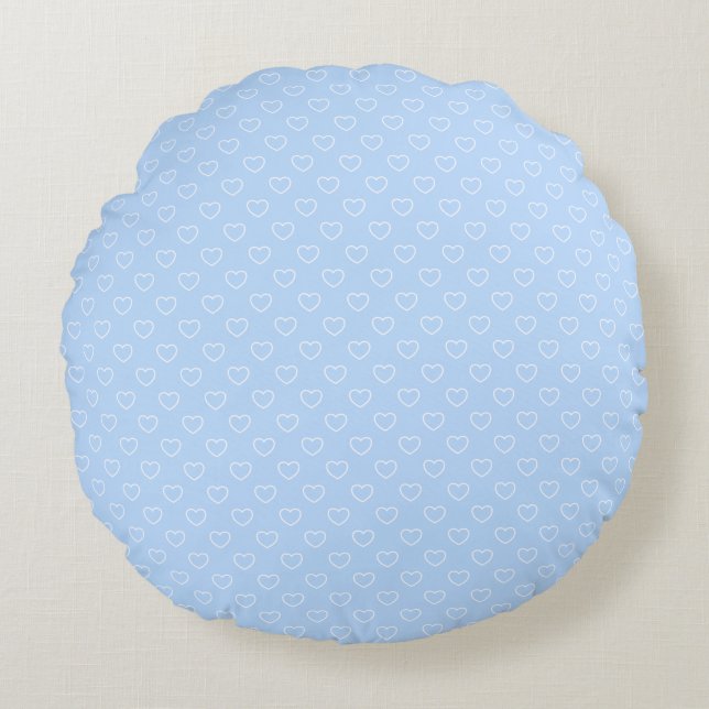 Lichtblau mit weißem Herzmuster Rundes Kissen (Vorderseite)