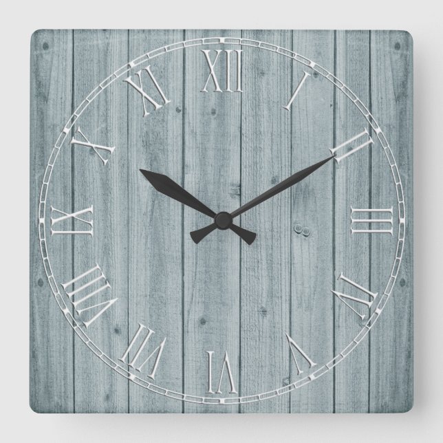 Lichtblau Rustikale schöne Holzstruktur Quadratische Wanduhr (Vorderseite)