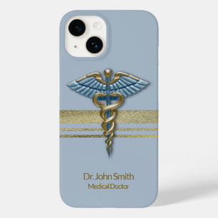 Lichtblauer Medizin Caduceus Imitate Gold Streifen Case-Mate iPhone 14 Hülle