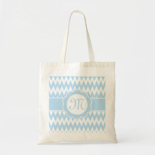 Lichtblaues Zickzack Muster und Monogramm-Blume Tragetasche