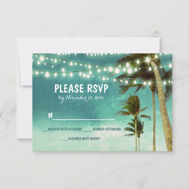 Lichter & Palmen Strand aquamarine Hochzeitskarten RSVP Karte (Vorderseite)