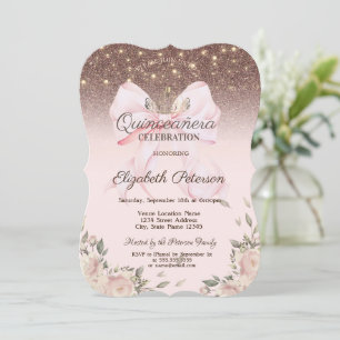 Lichter, rosa Schleifen Blumen Glitter Quinceanera Einladung