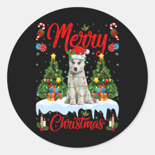 Lichter Weihnachtsbaum Santa Sibirischer Husky Hun Runder Aufkleber