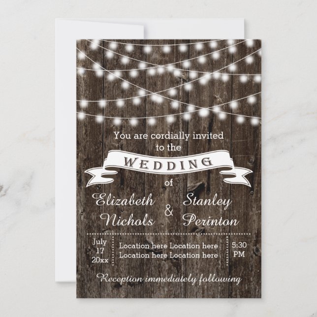 Lichterfolge, Holz und Banner rustikale Hochzeit Einladung (Vorderseite)