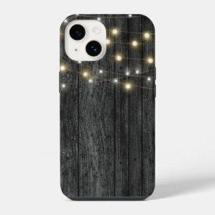 Lichterkette auf schwarzem Holz iPhone 14 Hülle