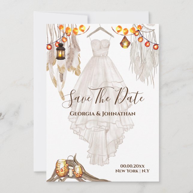 Lichterkette Feder Boho Makramee Laterne Hochzeit Save The Date (Vorderseite)