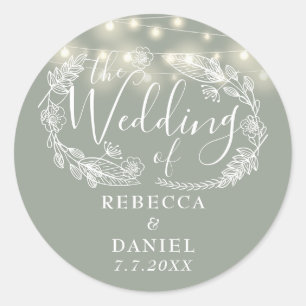 Lichterkette Floral Sage Grün Hochzeit Runder Aufkleber