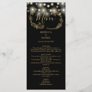 Lichterkette Floral Schwarz und Gold Hochzeit Menükarte