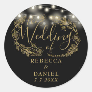 Lichterkette Floral Schwarz und Gold Hochzeit Runder Aufkleber