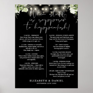 Lichterkette Floral Schwarz Weiß Hochzeitsplan Poster