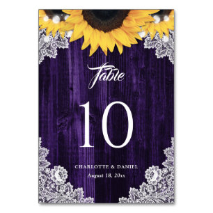 Lichterkette mit Sonnenblumen aus violettem Holz u Tischnummer
