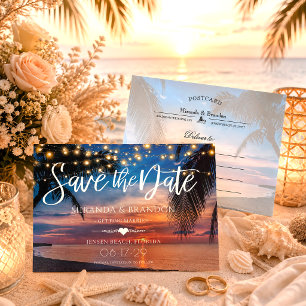 Lichterkette Palm Beach Hochzeit Save the Date Ankündigungspostkarte