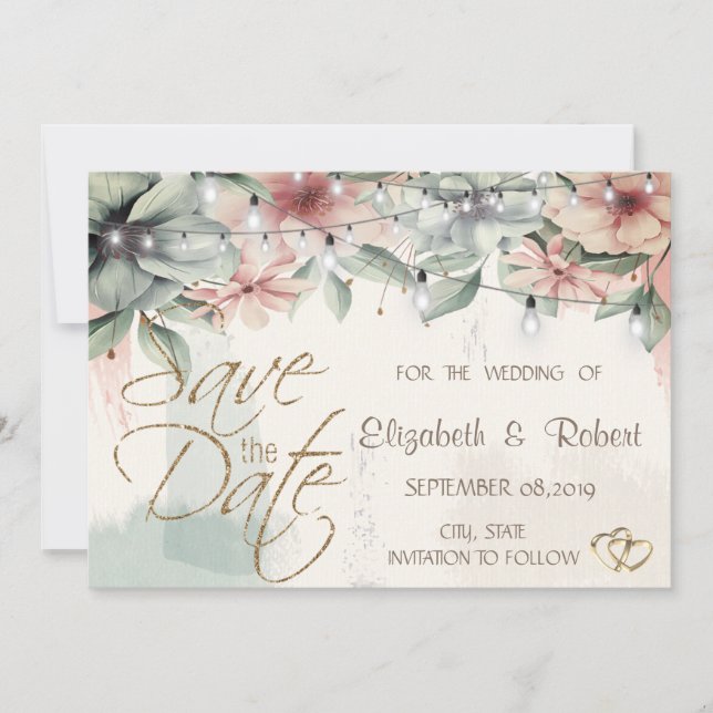 Lichterkette, Pinselstrich, Blumen  Save The Date (Vorderseite)