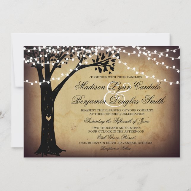 Lichterkette Rustikale Eichenbaum-Hochzeitskarten Einladung (Vorderseite)