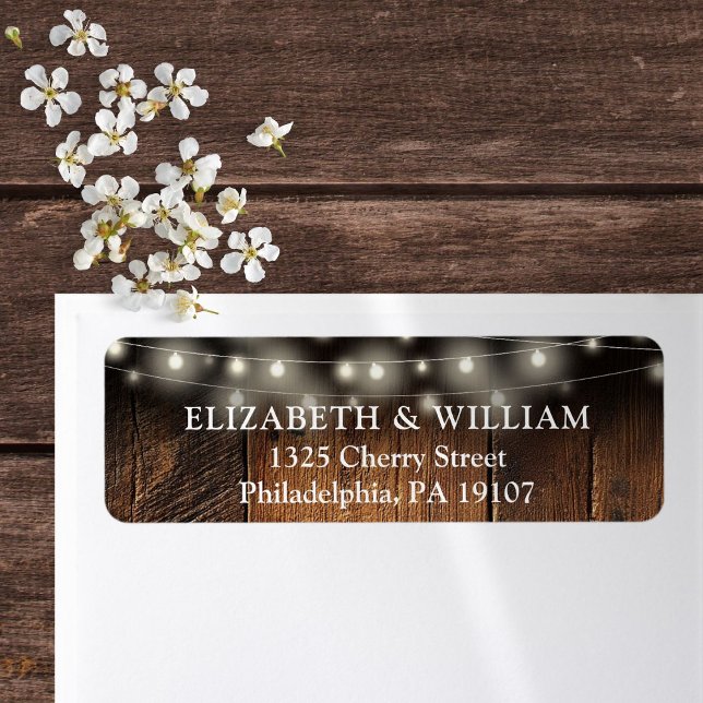 Lichterkette Rustikale Holz Hochzeit Rücksendeadre (String Lights Rustic Wood Wedding return Address Label)