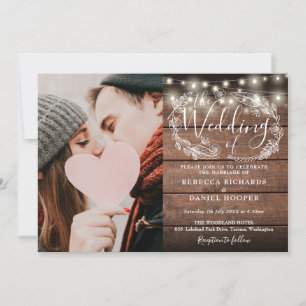 Lichterkette Rustikale Holz Schrift Foto Hochzeit Einladung