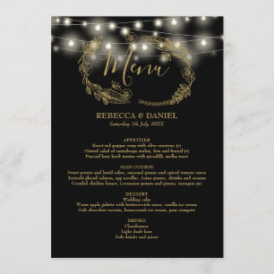 Lichterkette Schwarz und Gold Florale Hochzeit Menükarte