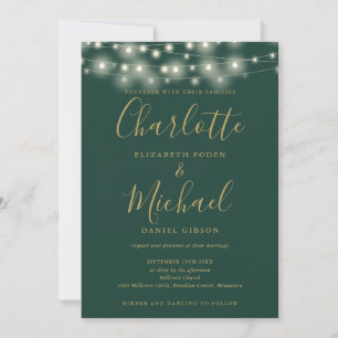 Lichterkette Skript Grün Gold QR-Code Hochzeit Einladung