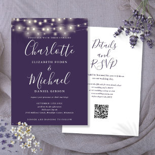 Lichterkette Skript Lila QR-Code Hochzeit Einladung