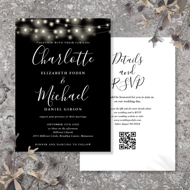 Lichterkette Skript Schwarz Weiß QR-Code Hochzeit Einladung (String Lights Script Black White QR Code Wedding Invitation)