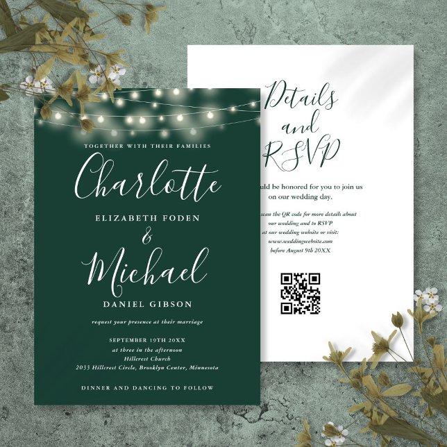 Lichterkette Skript Smaragdgrüner QR-Code Hochzeit Einladung (String Lights Script Emerald Green QR Code Wedding Invitation
)