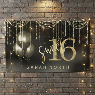 Lichterketten & Luftballons Sweet 16 Schwarz/Gold Banner